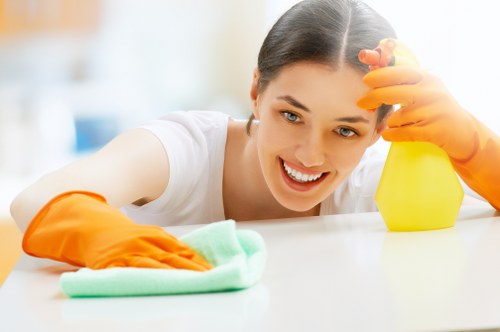 Technician reviewing booking details for a carpet cleaning service