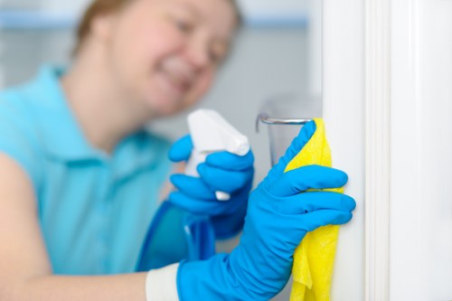 Cleaner wearing PPE while carrying out carpet cleaning safely